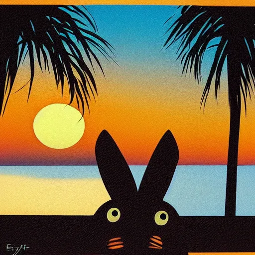 Prompt: rabbit near the sea watching the sunset, some palm trees, by eyvind earle, scott wills, genndy tartakovski