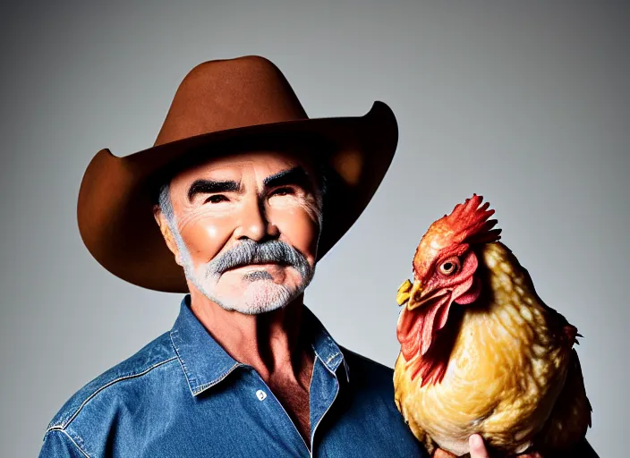 Image similar to studio portrait photo still of burt reynolds wearing a cowboy hat holding a bucket of chicken, 8 k, 8 5 mm f 1. 8, studio lighting, rim light, right side key light