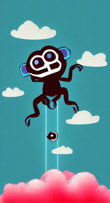 Image similar to “ big eye monkey holding laser gun floating in clouds, digital art, super aesthetic, art station childish style ”