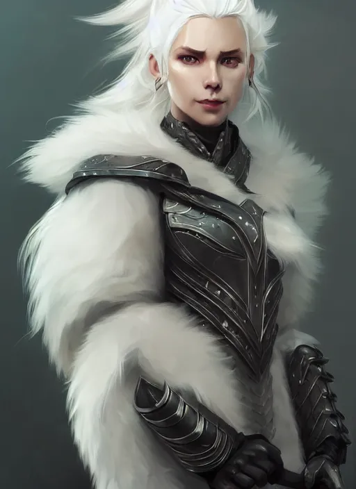 Image similar to fur - lined armor!!! beautiful and elegant white haired female!! gorgeous ayes!! character concept art, sharp focus, octane render! unreal engine 5! highly rendered!! trending on artstation!! detailed linework!! illustration by bussiere rutkowski andreas rocha