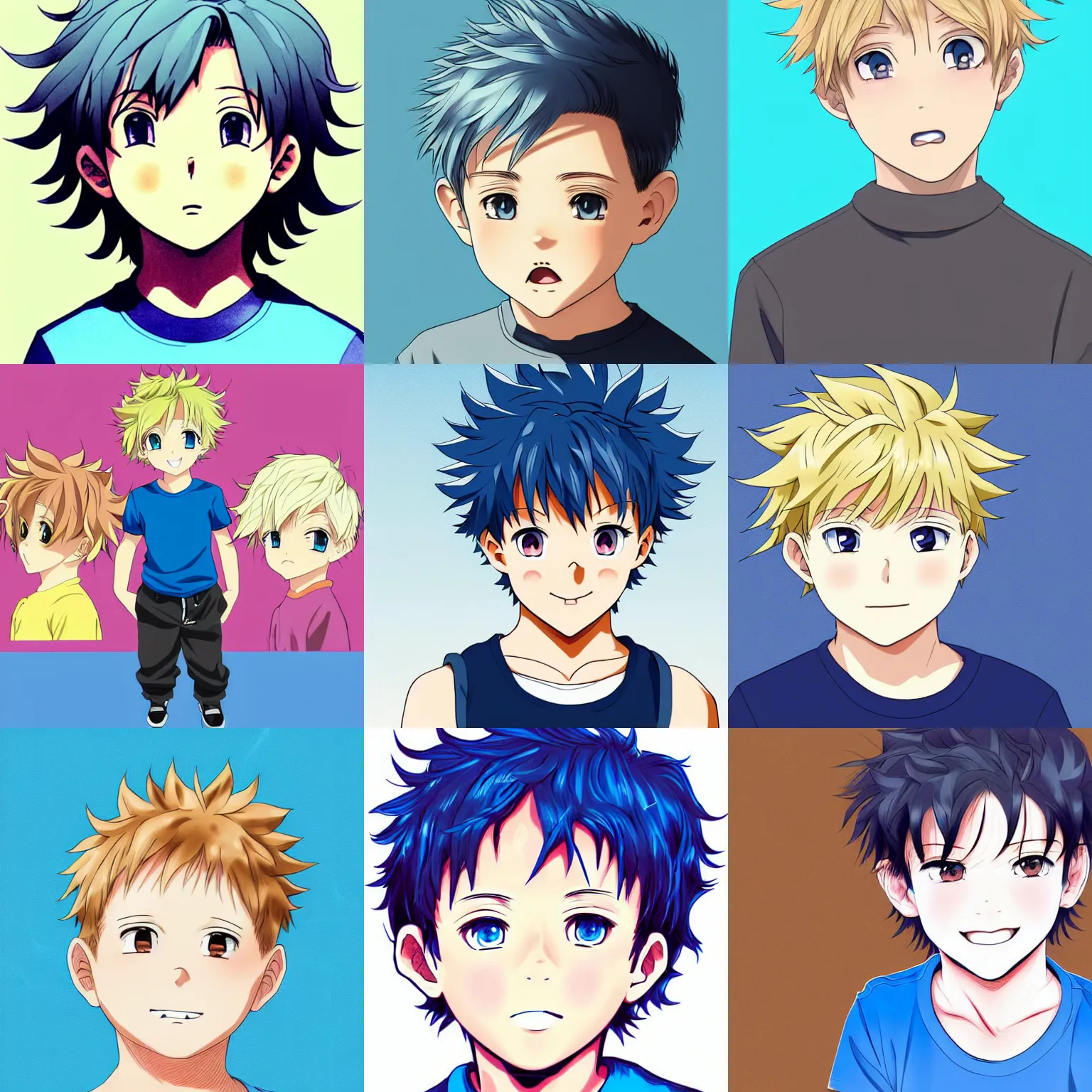 Prompt: A medium shot anime portrait of a young smiling anime boy child with extremely short curly wavy blonde hair and blue eyes, buzzed sides, blue-eyed, chubby face, very young, little boy, medium shot portrait, curly and short top hair, his whole head fits in the frame, solid color background, flat anime style shading, head shot, 2d digital anime drawing by Stanley Artgerm Lau, WLOP, Rossdraws, James Jean, Andrei Riabovitchev, Marc Simonetti, and Sakimi chan, trending on artstation