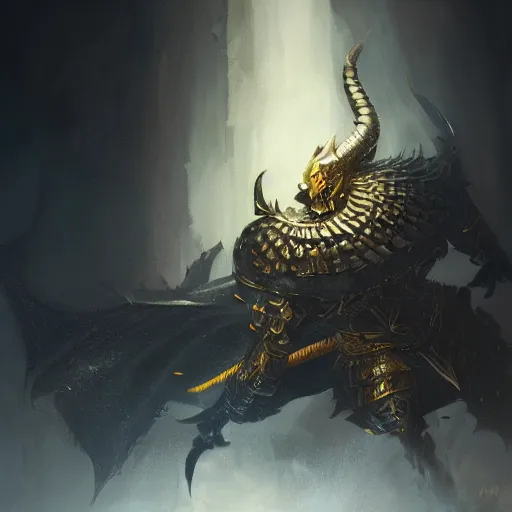 Image similar to anthropomorphic dragon warrior stands tall wearing black and gold plate armor, oil painting, Tooth Wu, Greg Rutkowski, RPG, dynamic lighting, fantasy art, High contrast, depth of field