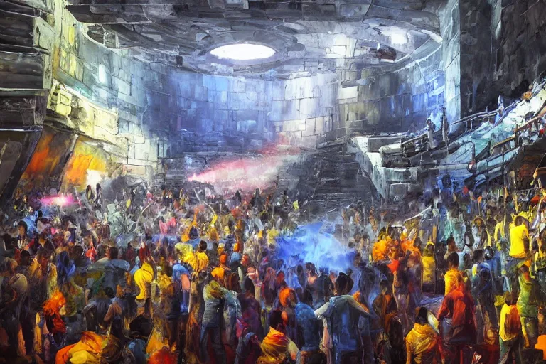 Image similar to palette knife oil painting of psychedelically lit exposed concrete walls, a crowd of clubbers, surrounding a cement fighting pit shaped like a satellite dish., extreme detail, artstation trending, artgerm, any racial background, deviant art, octane, substance, art history 8 k