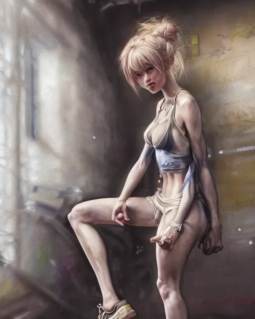 Prompt: daniel gerhartz and artgerm detailed portrait digital rococo painting of a beautiful woman wearing streetwear clothing, instagram style, abandoned warehouse interior in the background, unreal engine, hyper realism, realistic shading, cinematic composition, blender render, octane render, hdr, detailed textures, photorealistic, ultrawide shot, 3 5 mm film