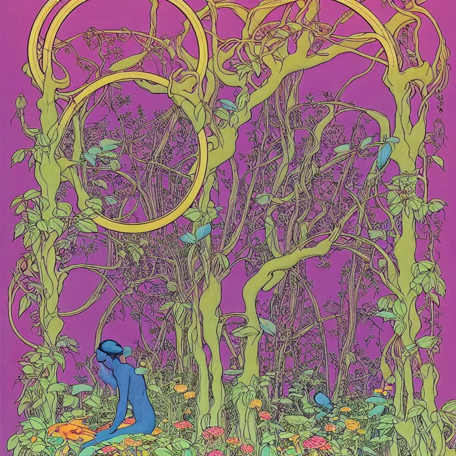 Image similar to ( ( ( beautiful strange forest and flowers and birds surrounded by an art nouveau style decorative frame ) ) ) by mœbius!!!!!!!!!!!!!!!!!!!!!!!!!!!, overdetailed art, colorful, record jacket, cover art design