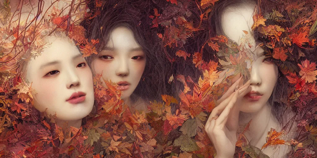 Image similar to breathtaking detailed concept art painting blend of two goddess of autumn leaves by hsiao - ron cheng with anxious piercing eyes, vintage illustration pattern with bizarre compositions blend of flowers and fruits and birds by beto val and john james audubon, exquisite detail, extremely moody lighting, 8 k