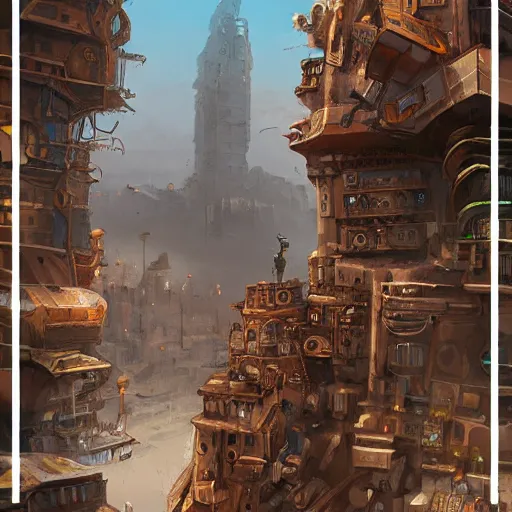 Image similar to Character jumping over a bustling steampunk city in the desert with a towering building made of scraps, digital painting, highly detailed, dynamic, concept art, game art, artstation