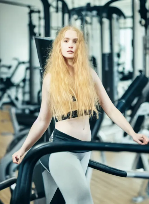 Image similar to Pre-Raphaelite young beautiful with blond-hair in a gym wearing sportswear