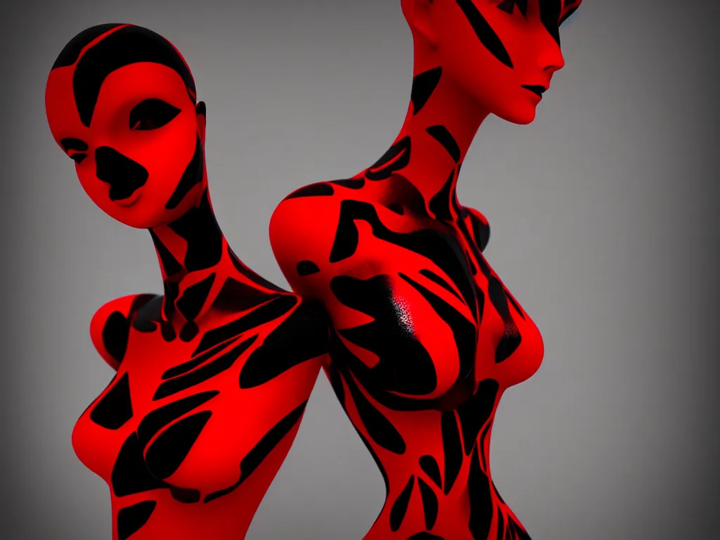 Image similar to a beautiful red and black 3 d geometrically printed mannequin in the style of james jean, chrome orchids dripping black iridescent liquid, winged victory, moody, dramatic, introspective, 4 k, trending on artstation, photorealistic, volumetric lighting, octane render