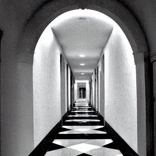 Prompt: Beautiful Fuzzy wide-eye-lens 15mm, harsh flash, cameraphone 2002, Photograph of an tiled infinite foggy foggy foggy liminal pool pool hallway hallway hallway with archways and water on the floor