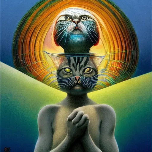 Image similar to a cat having an ego trip, by alex grey, by Esao Andrews and Karol Bak and Zdzislaw Beksinski and Zdzisław Beksiński, trending on ArtStation