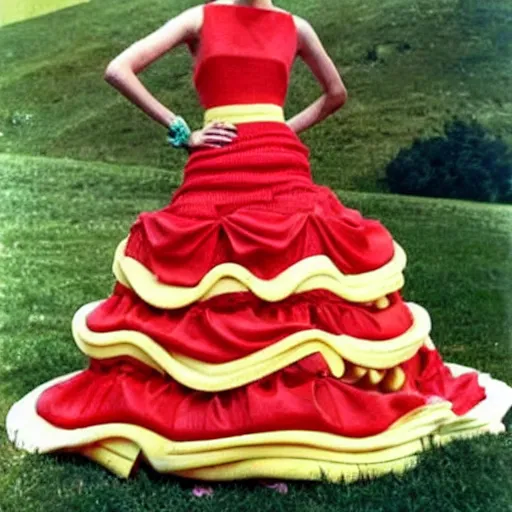 Image similar to dress made out of lasagna, fashion, 6 0 s