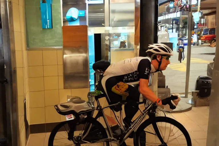 Image similar to cyclist in toilet!!! inside mcdonalds is eating donuts!!! and drinking yerba!!! mate