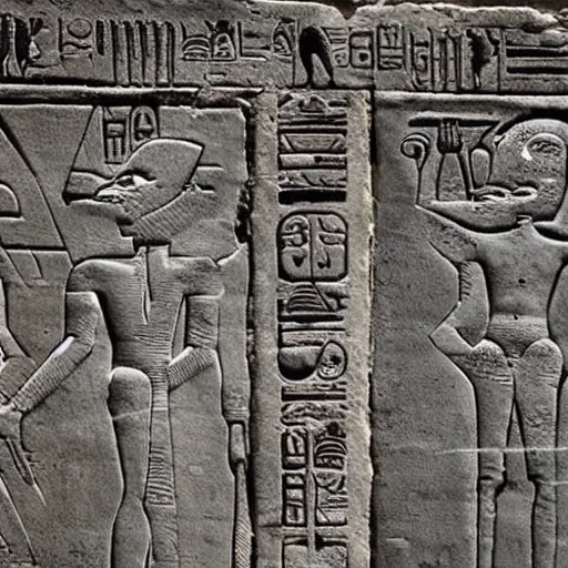 Prompt: gray aliens on a ancient egypt wall