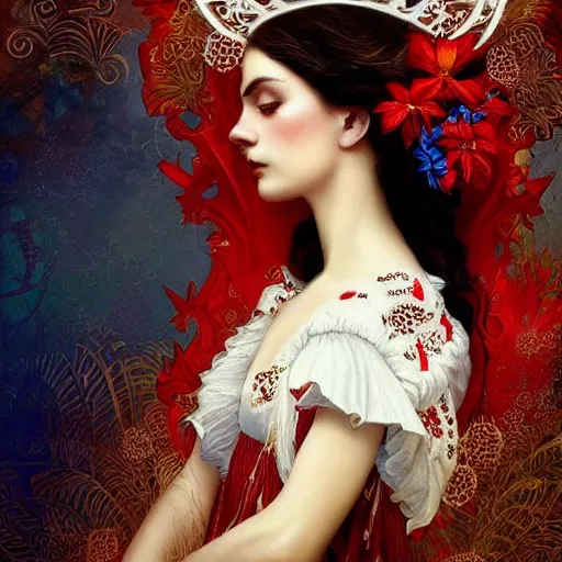 Image similar to beautiful brunette lady in white embroidered shirt, national costume of venezuela, filigree crown with red, blue and yellow textile orchid flowers, intricate, elegant, digital painting, art nouveau, soft, soft, focus, edge light, charlie bowater, tom bagshaw, greg rutkowski