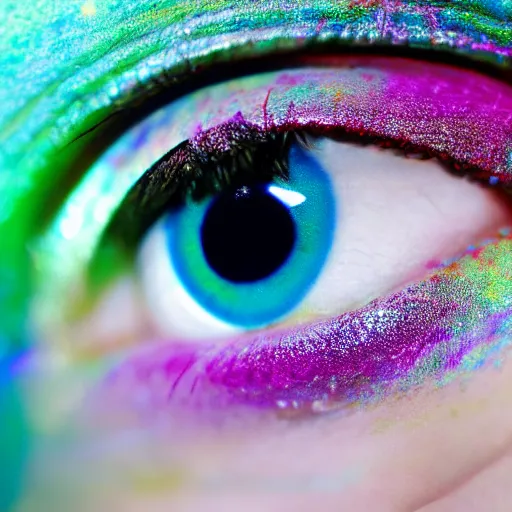 Image similar to (((((((( film still of a human eye with rainbow iris : realistic skin, realistic eye lashes : 8K UHD : colour splash !!!!!!