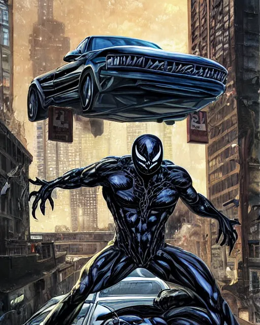 Image similar to a portrait of Venom standing on top of a wrecked car in the city art by Clayton Crain, Javier Garron and Gerardo Sandoval