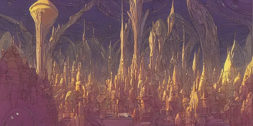 Prompt: cel shaded cinematic shot, matte illustration, the interior of a scifi space station with ornate elven architecture bustling with people, epic castle, emerald, crystalline, detailed illustration, sharp focus, crisp lines, art by moebius, jean giraud moebius comic illustration
