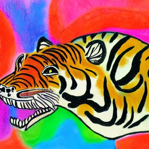 Image similar to a crocodile with tiger fur and color