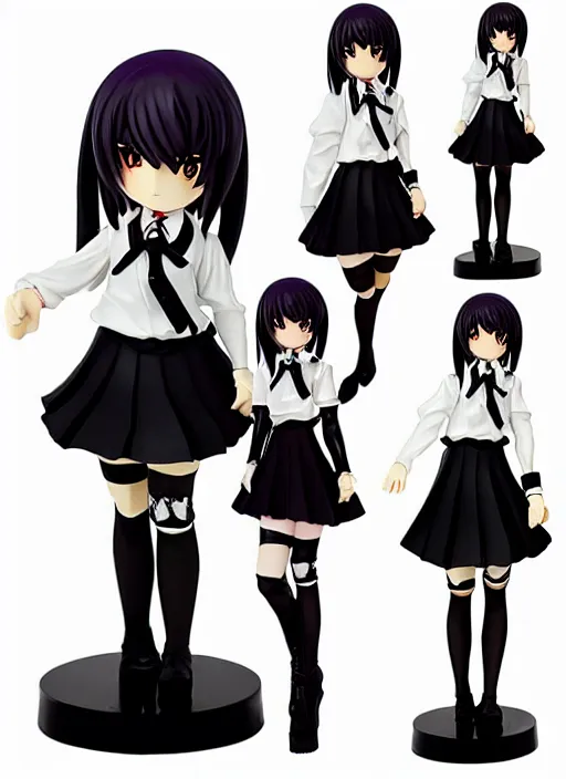 Prompt: 80mm, resin anime figure detailed of a school girl with black skirt, white blouse and gothic boots