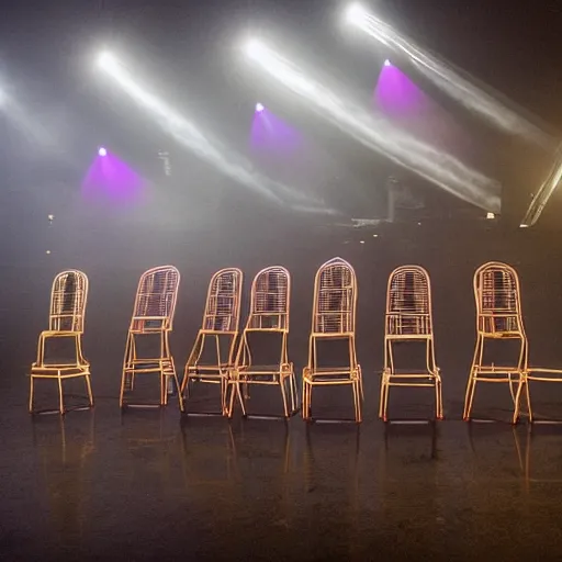 Image similar to an opera scenography of a tower of old chairs with laser lights.