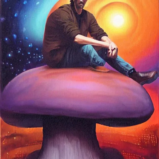 Image similar to Keanu Reeves sitting on a giant mushroom by paul lehr