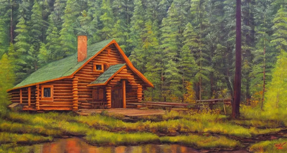 Image similar to one log cabin in the thick forest, beautiful painting, oil on canvas, by Ewa Czarniecka, award winning masterpiece,