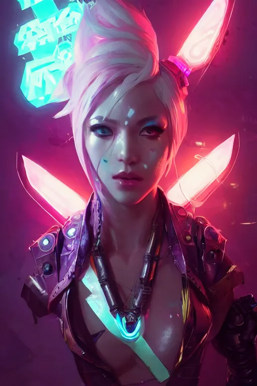 Image similar to vi from league of legends, cyberpunk futuristic neon. decorated with traditional japanese ornaments by ismail inceoglu dragan bibin hans thoma greg rutkowski alexandros pyromallis nekro rene maritte illustrated, perfect face, fine details, realistic shaded, fine - face, pretty face