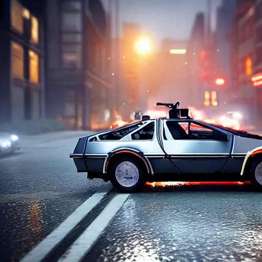 Image similar to hyperdetailed, photorealistic photograph of a dmc 1 2 delorean driving in the streets, rain, night, dense fog, hd, unreal engine 5