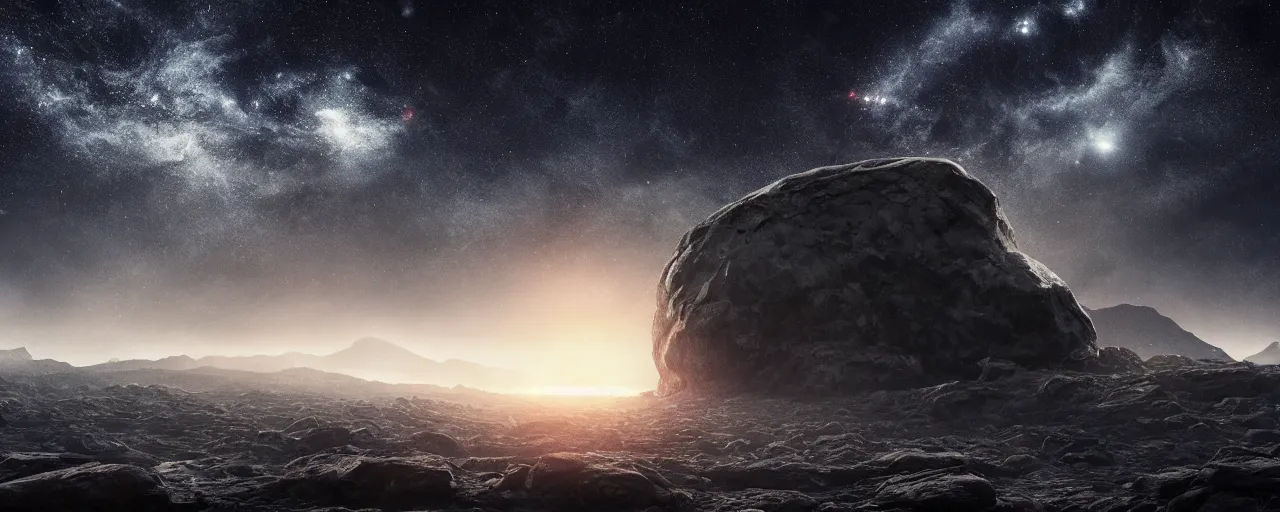 Image similar to ” giant rock in a deep black space with stars, [ cinematic, detailed, epic, widescreen, opening, establishing, mattepainting, photorealistic, realistic textures, octane render ] ”