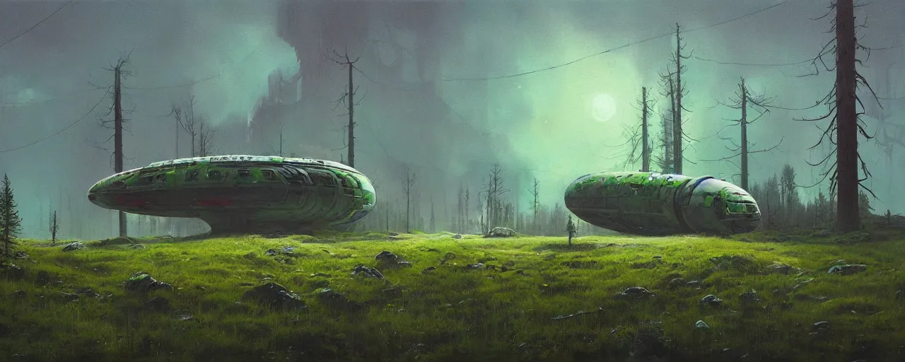 Prompt: hyperealistic painting of scandinavian landscape . giant abandonned spaceship covered with moss. by Simon Stålenhag !