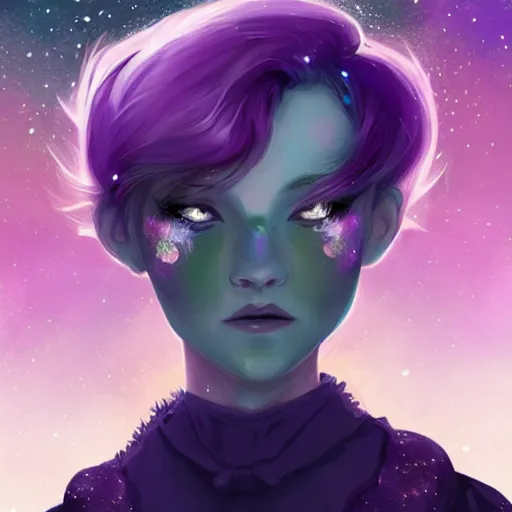 Prompt: a nonbinary changeling wearing a starry cloak, aurora colored hair, starry eyes, curious expression, character art, full body art, people watching, trending on artstation, artgerm, 4k ultra hd, sharp focus, digital art by Ilya Kuvshinov and Ross Tran,