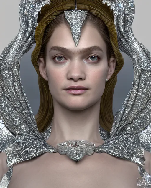 Image similar to a highly detailed metahuman 8 k close up render of natalia vodianova renaissance in iris van herpen dress schiaparelli in diamonds crystals swarovski and jewelry iridescent in style of alphonse mucha gustav klimt trending on artstation made in unreal engine 4