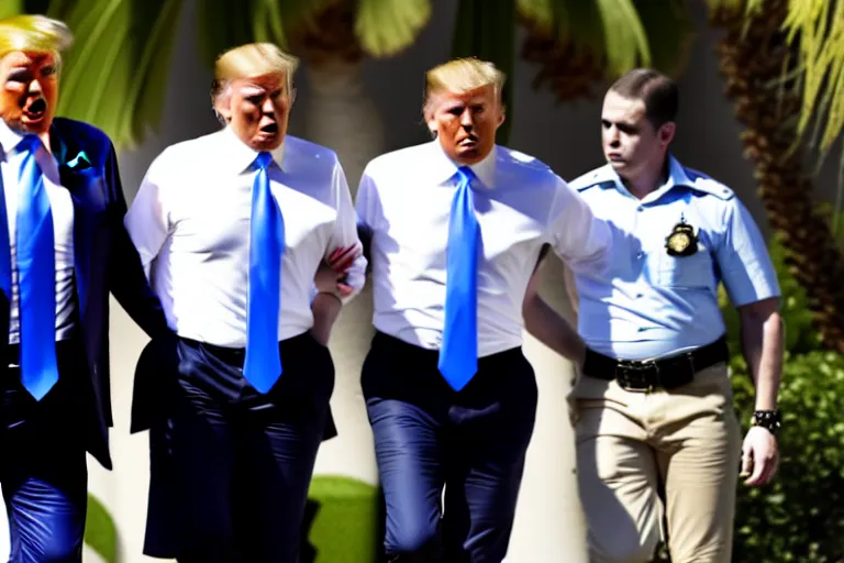 Image similar to Donald Trump in handcuffs escorted by two FBI agents at Mar-a-lago, photo