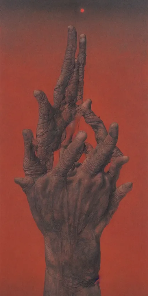 Prompt: a giant hand with an eye at the center, reaches enlightenment and nirvana, beksinski