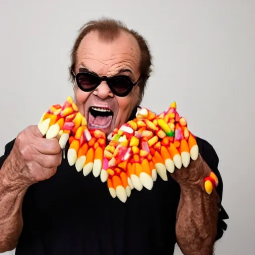 Image similar to jack nicholson maniacally eating fists full of candy corn while in a whole room full of candy corn