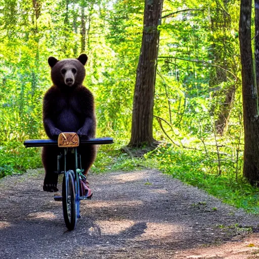 Image similar to A bear on a tricycle, riding on a nature trail in the forest, sunlight through the trees.