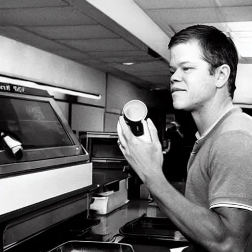 Prompt: matt damon working at mcdonald ’ s in 1 9 7 0 s