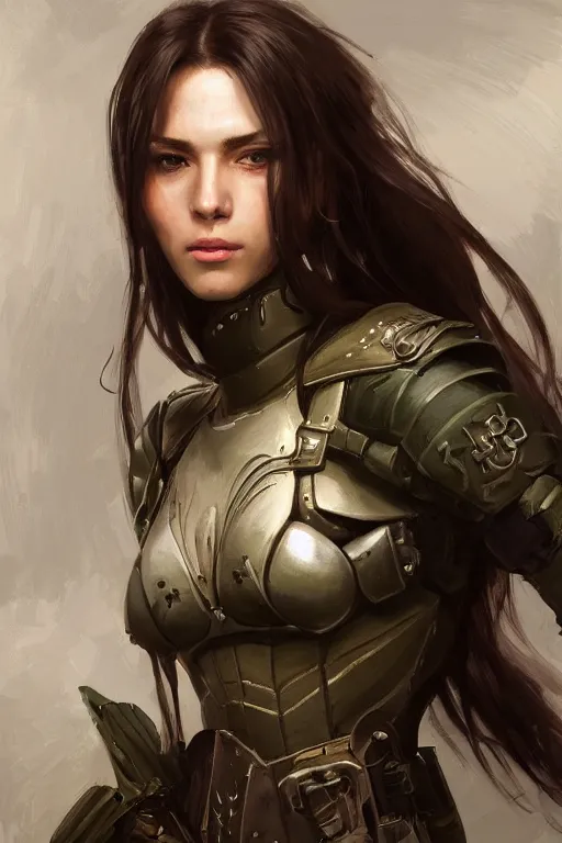 Image similar to a professionally painted portrait of an attractive young woman, clothed in military armor, olive skin, long dark hair, beautiful bone structure, symmetrical facial features, intricate, elegant, digital painting, trending on Artstation, concept art, smooth, sharp focus, illustration, from Metal Gear by Ruan Jia and Mandy Jurgens and Artgerm and William-Adolphe Bouguerea, award winning