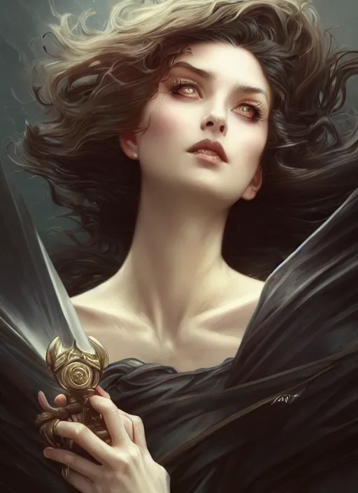 Prompt: photography of a seductive wind swept death, full body portrait, deep focus, d & d, fantasy, intricate, elegant, highly detailed, digital painting, artstation, concept art, matte, sharp focus, illustration, hearthstone, magic the gathering, art by artgerm and greg rutkowski and alphonse mucha