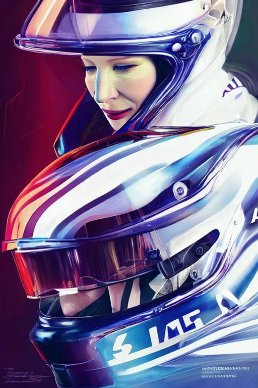 Image similar to portrait of cate blanchett dressed as a formula one racer, wearing formula one racer uniform, at formula one racing car repair room, ssci-fi, fantasy, intricate, very very beautiful, elegant, human anatomy, neon light, highly detailed, digital painting, artstation, concept art, soft light, smooth, sharp focus, illustration, art by tian zi and WLOP and alphonse mucha