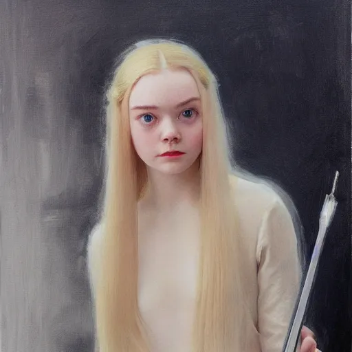 Image similar to Painting of Elle Fanning in Star Wars, long blonde hair, delicate, pale milky white porcelain skin, by Edward Hopper. 8K. Extremely detailed.