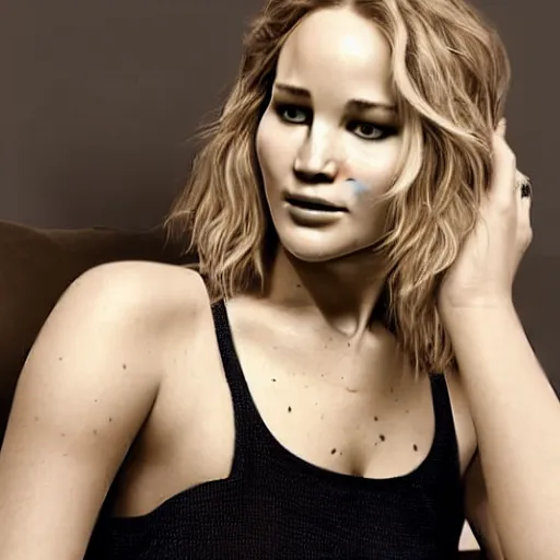 Image similar to beautiful serene intricate portrait of jennifer lawrence and jennifer lawrence, smiling softly, wearing casual clothes, chatting and laughing on the couch, interior lighting, peaceful living room interior, soft focus, 8 k, art by irakli nadar, hyperrealism, hyperdetailed, ultra realistic