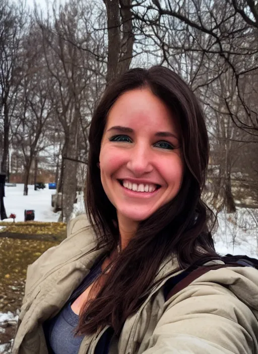 Prompt: a beautiful lara croft from minnesota, brunette, joyfully smiling at the camera opening her brown eyes. thinner face, irish genes, dark chocolate hair colour, wearing university of minneapolis coat, perfect nose, morning hour, plane light, portrait, minneapolis as background. healthy, athletic