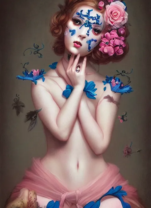Image similar to pop surrealism, lowbrow art, realistic seductive cute woman profile figure painting, pink body harness, japanese shibari with blue flowers, hyper realism, muted colours, rococo, natalie shau, loreta lux, tom bagshaw, mark ryden, trevor brown style,