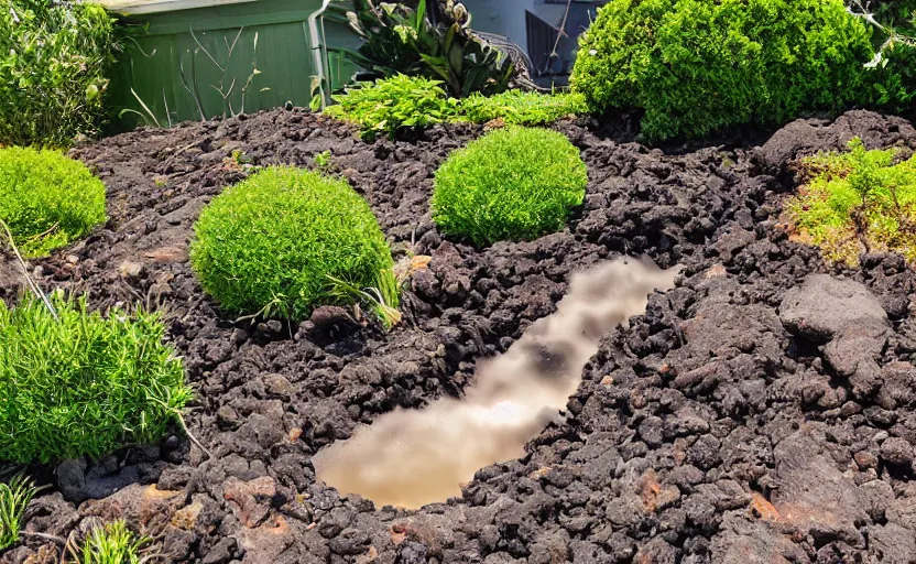 Prompt: miniature volcano erupting with streams of lava in a suburban yard, ground level