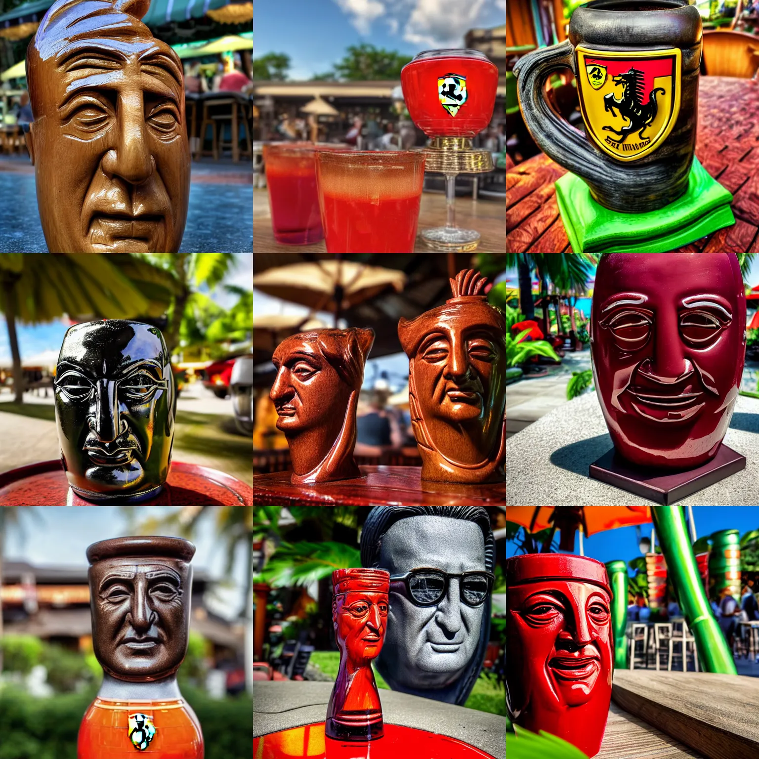 Prompt: a closeup photorealistic photograph of a glossy ferrari themed tiki mug at at an outdoor trader vic's bar featuring the young enzo ferrari's face. tiki theme. bright scene. fine detail. this 4 k hd image is trending on artstation, featured on behance, well - rendered, extra crisp, features intricate detail, epic composition and the style of unreal engine.