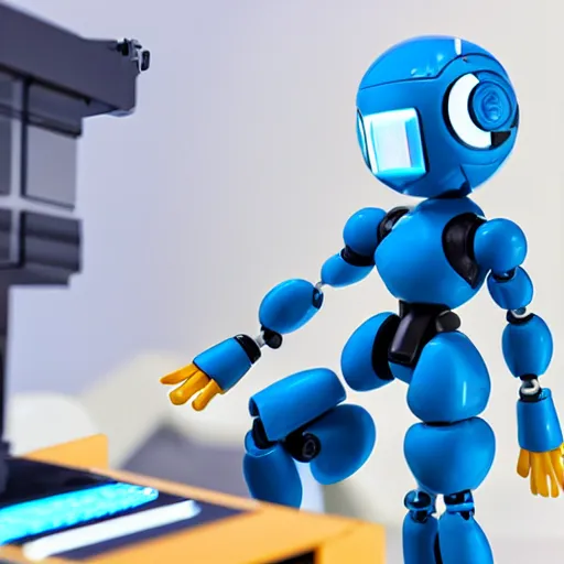 Image similar to photo of figma figures inside a diorama of a laboratory : : a cute humanoid female ball - jointed long - haired robot in the style of mega man is repairing computers, with companion robots.