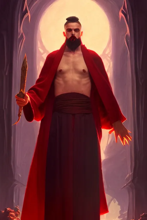 Prompt: evil male sorcerer, library background, the room filled with colorful magic, red robe, epic, white skin, young, sharp, brown hair, beard, concept art, digital art, dynamic lighting, unreal engine, octane, in the styles of greg rutkowski, svetlin velinov and frank frazetta