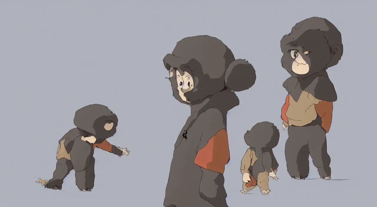 Image similar to (illustration) of A 3-d young hip ape kid wearing a hoodie, by Studio Ghibli, 8k, soft lighting, cartoon look, face enhance, sharp focus, concept art, smooth